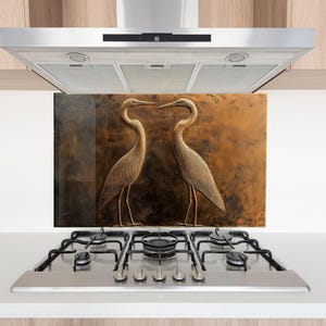 Panel ścienny do kuchni Heron Bird – rustykalny, złoty panel ze szkła hartowanego, inspirowany naturą, elegancka osłona przeciwbryzgowa kuchenki