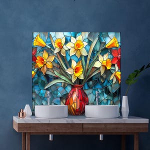 Colorful botanical glass wall art kitchen backsplash