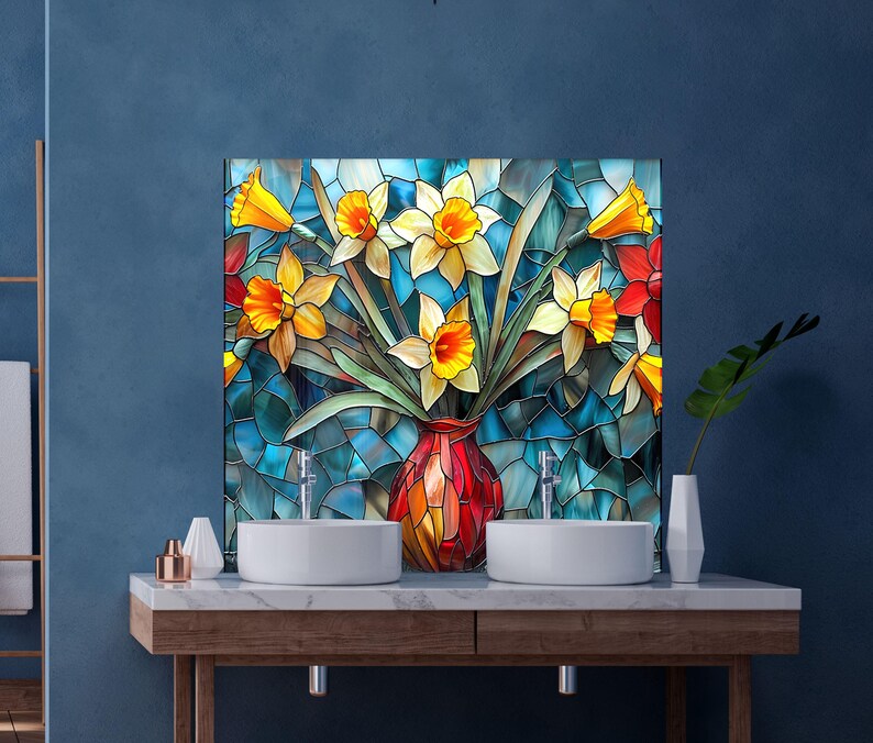 Colorful botanical glass wall art kitchen backsplash