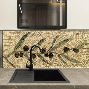 Olijftak mozaïek glas backsplash – mediterraan spatscherm van gehard glas voor achterkant keukenfornuis