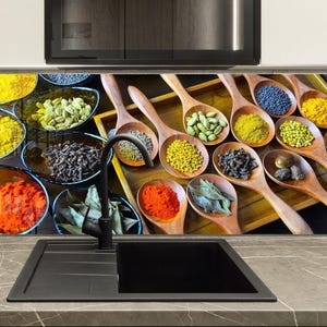 Tempered Glass Backsplash, Kitchen Herbs Backsplash, Backsplash for Kitchen Herb Splashback for Stove Back Cover, Spoon spices Backsplash