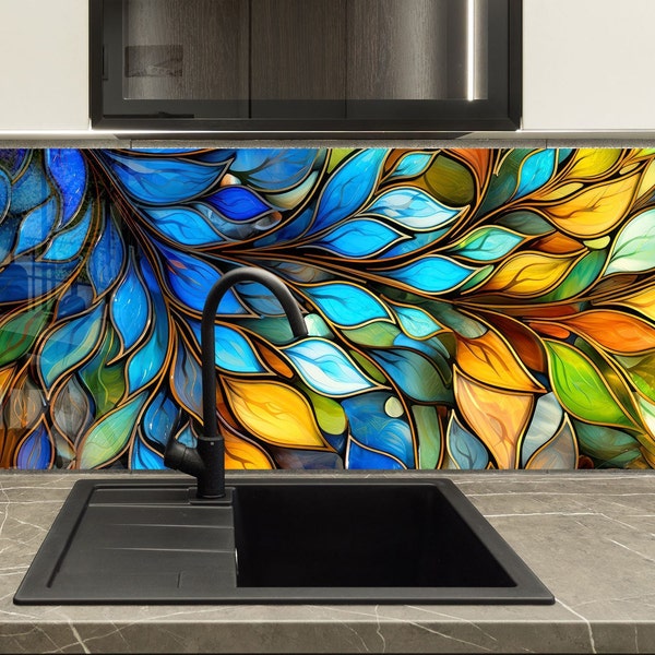 Tempered Glass Backsplash-Stained Leaf Backsplash Tiles-Stove Backsplash for Kitchen Stained Splashback for Stove Back Cover-Backsplash