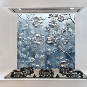 Silver Flower Tempered Glass Backsplash: Floral Stove Back Cover