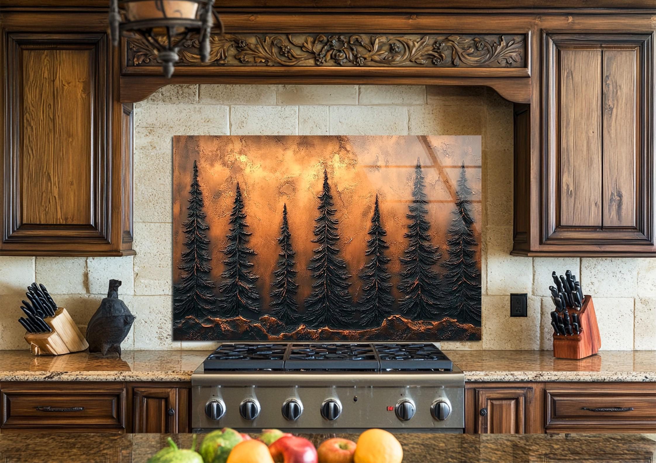 Nature Splashbacks Forest Glass Backsplash Tile, Nature-inspired Kitchen Wall Panel, Pine ...