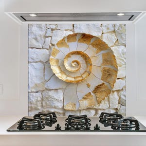 Seashell Tempered Glass Backsplash: White Stone Stove Cover