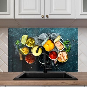 Tempered Glass Backsplash Kitchen Spice Backsplash, Vegetable Backsplash for Kitchen Splashback for Stove Back Cover, Herbs Backsplash