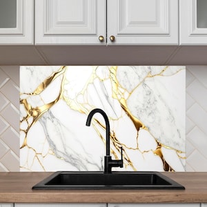 Elegant Gold Marble Stove Backsplash,  Kitchen Glamour, Gold & White