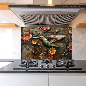 Protector contra salpicaduras de vidrio templado con diseño de pájaro de vitral: cubierta para estufa de cocina