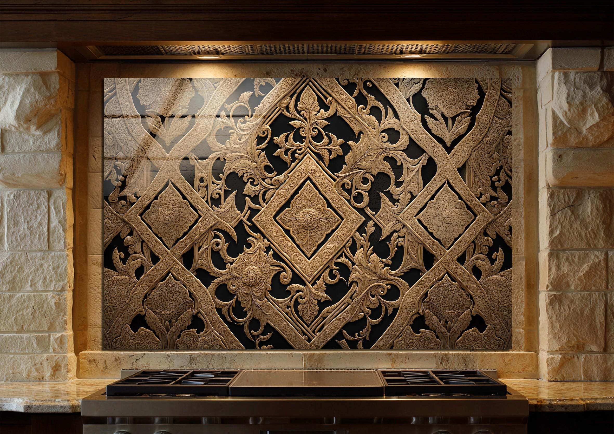 Luxury Gold Pattern Glass Backsplash – Ornate Kitchen Splashback Panel ...