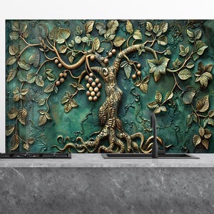Backsplash de vidro temperado, Backsplash Life of Tree, Backsplash de metal para backsplash dourado para tampa traseira de fogão, Backsplash atrás do fogão