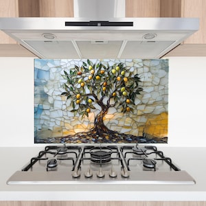 Tempered Glass Backsplash, Life of Tree Backsplash, Backsplash for Olive Tree Splashback for Stove Back Cover, Backsplash Behind Stove