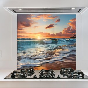 Sunset Beach Tempered Glass Kitchen Backsplash - Easy Install