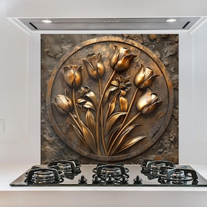 Tempered Glass Backsplash, Dark Floral Backsplash, Stove Backsplash for Kitchen Splashback for Stove Back Cover, Flower Backsplash Wall