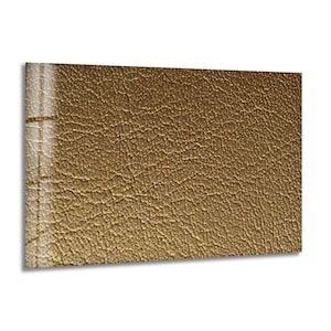 May include: A rectangular, textured surface in a golden-brown shade. The surface features a detailed, bumpy pattern, with a lighter vertical stripe along the left edge. The overall appearance suggests a leather or similar material.