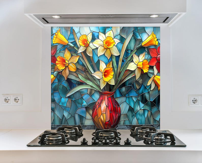 Botanical floral glass splashback for kitchen wall protection