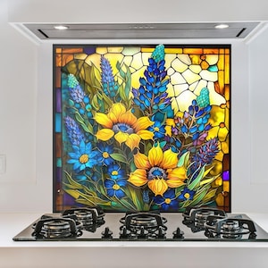 Sunflower Tempered Glass Backsplash, Stained Glass Look Wildflower Kitchen Splashback Panel, Farmhouse Decor, Easy Wipe Clean