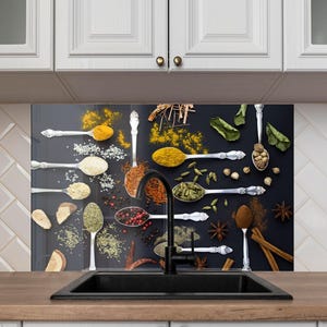 Tempered Glass Kitchen Backsplash, Spoon Spices Backsplash, Stove Backsplash for Herbs Splashback for Stove Back Cover, Spice Backsplash