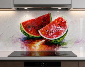 Watermelon Slices Tempered Glass Backsplash, Impasto Oil Painting Style Fruit Art, Colorful Summer Kitchen Splashback