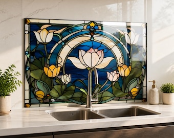 Tulip Glass Backsplash, Stained Glass Style Kitchen Splashback, Blue Floral Stove Back Panel