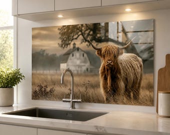Highland Cow Tempered Glass Backsplash, Rustic Farmhouse Cattle Portrait, Neutral Barn Kitchen Splashback Panel