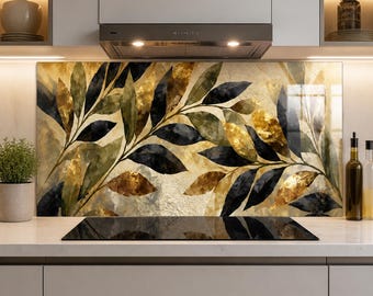 Gold Leaf Botanical Tempered Glass Backsplash, Black Olive Branch Abstract Kitchen Splashback, Luxury Beige Glass Panel