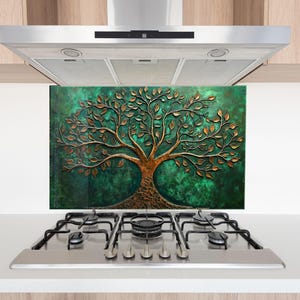 Tempered Glass Backsplash, Life of Tree Backsplash, Metal Backsplash for Golden Splashback for Stove Back Cover, Backsplash Behind Stove