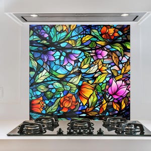 Tempered Glass Backsplash, Stained Flower Backsplash, Stove Backsplash for Kitchen Splashback for Stove Back Cover, Floral Backsplash