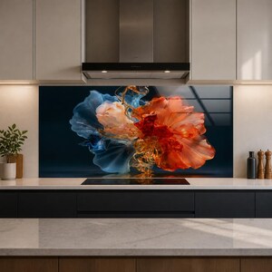 Molten Glass Flower Effect Tempered Backsplash, Orange Blue Abstract Floral Kitchen Splashback, Crystal Bloom Stove Panel