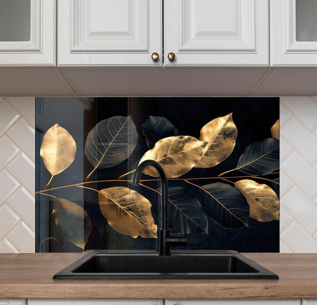 Gold Leaf Tempered Glass Backsplash, Glass Splashback Tile for Kitchen ...