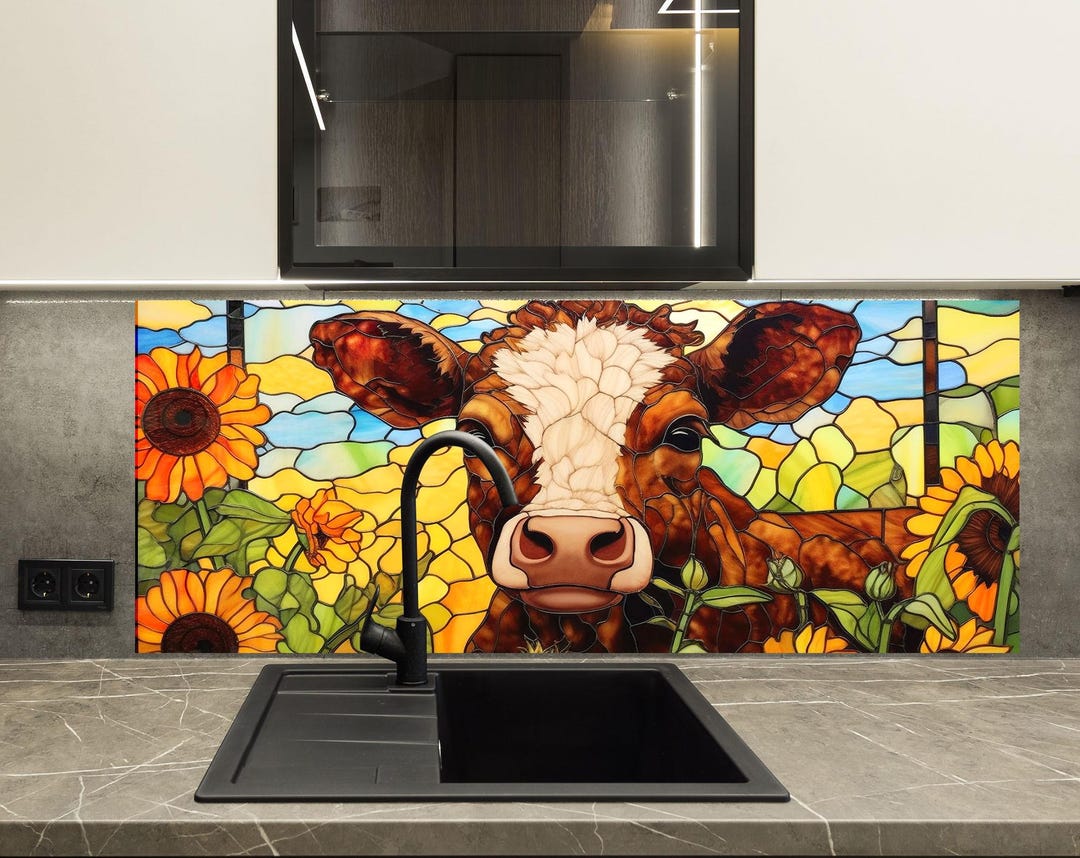 Farmyard Splashback Sunflower Cow Tempered Glass Backsplash – Rustic Farm Animal Kitchen ...