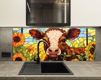 Sunflower Cow Tempered Glass Backsplash – Rustic Farm Animal Kitchen Wall Art Heat Resistant Stove Splashback