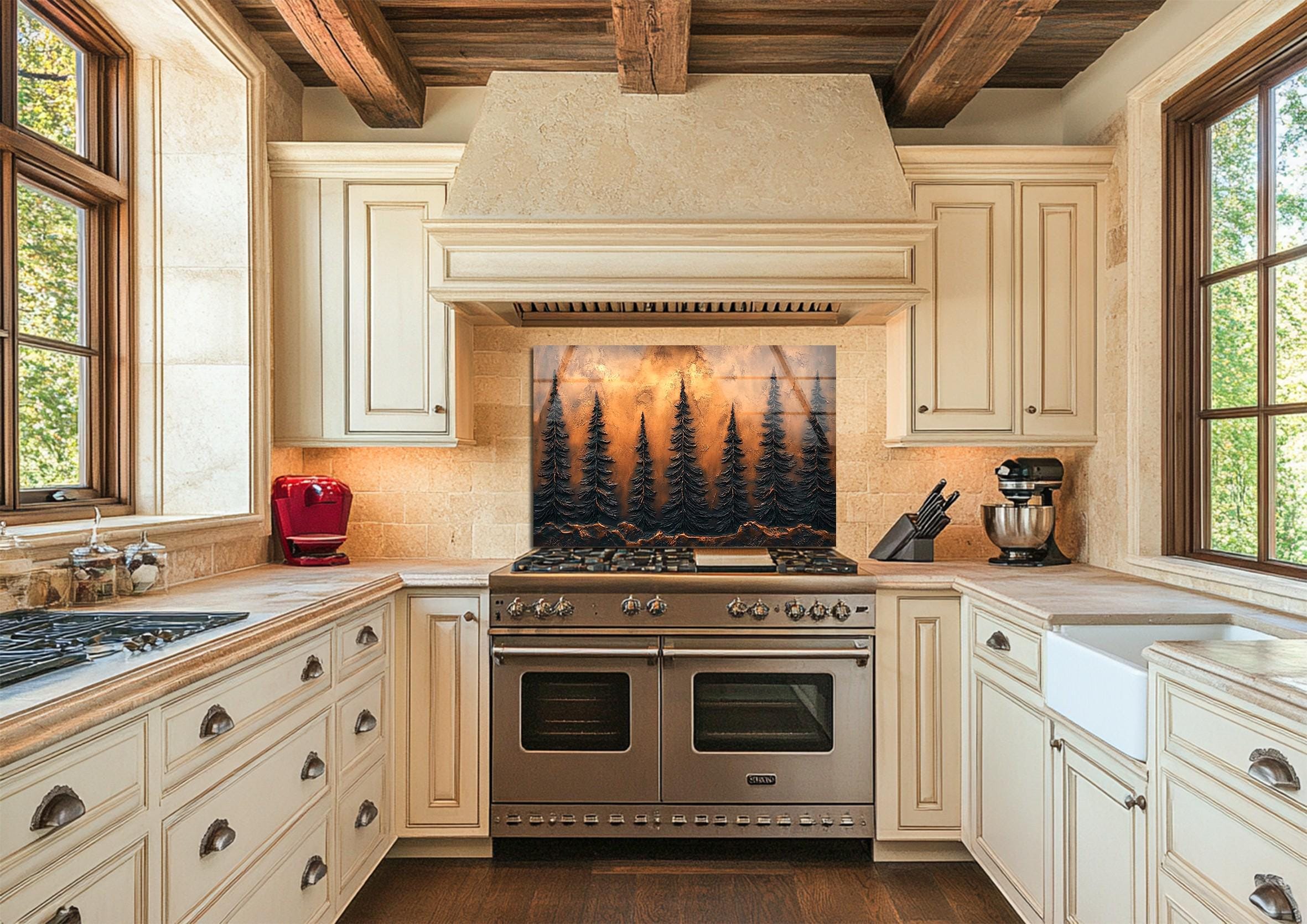 Forest Glass Backsplash Tile, Nature-inspired Kitchen Wall Panel, Pine ...