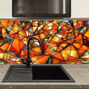 Oranje geometrische achterwand van gehard glas: keukenmuurkunst, glazen achterwand voor kachelachterkant