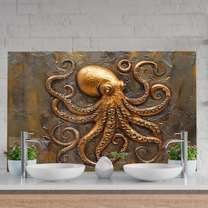 Golden Octopus Backsplash – Coastal Nautical Glass Wall Art for Kitchen or Bathroom