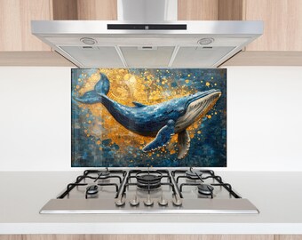Whale Tempered Glass Kitchen Backsplash – Ocean Wall Art Stove Splashback Heat Resistant Marine Panel