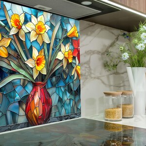 Modern kitchen backsplash with stained floral glass panel