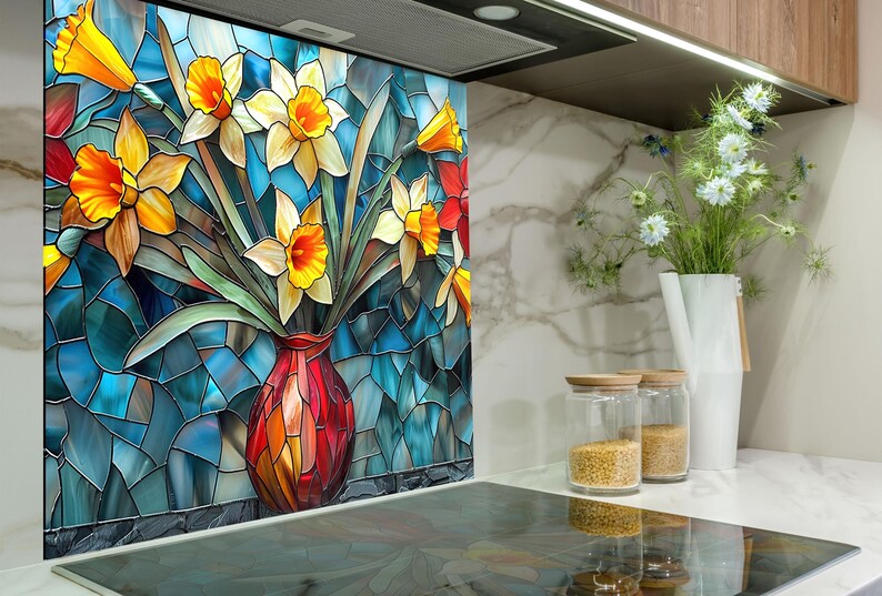 Modern kitchen backsplash with stained floral glass panel