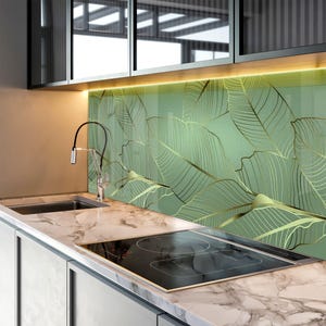 Paraschizzi in vetro temperato color verde salvia e foglia d'oro, paraschizzi botanico