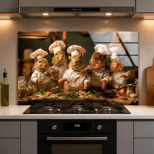 May include: A kitchen splashback panel featuring a high-resolution image of five squirrels wearing white chef hats and white double-breasted chef jackets. The squirrels are positioned behind a wooden counter filled with fresh vegetables and cookware.
