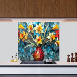 Stained glass flower backsplash with vibrant colors