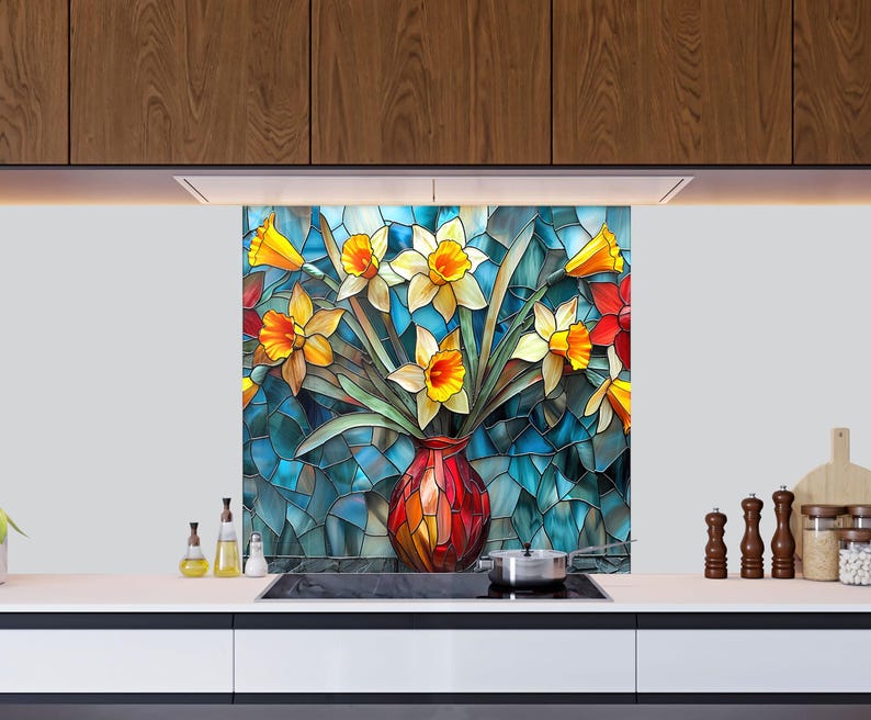 Stained glass flower backsplash with vibrant colors