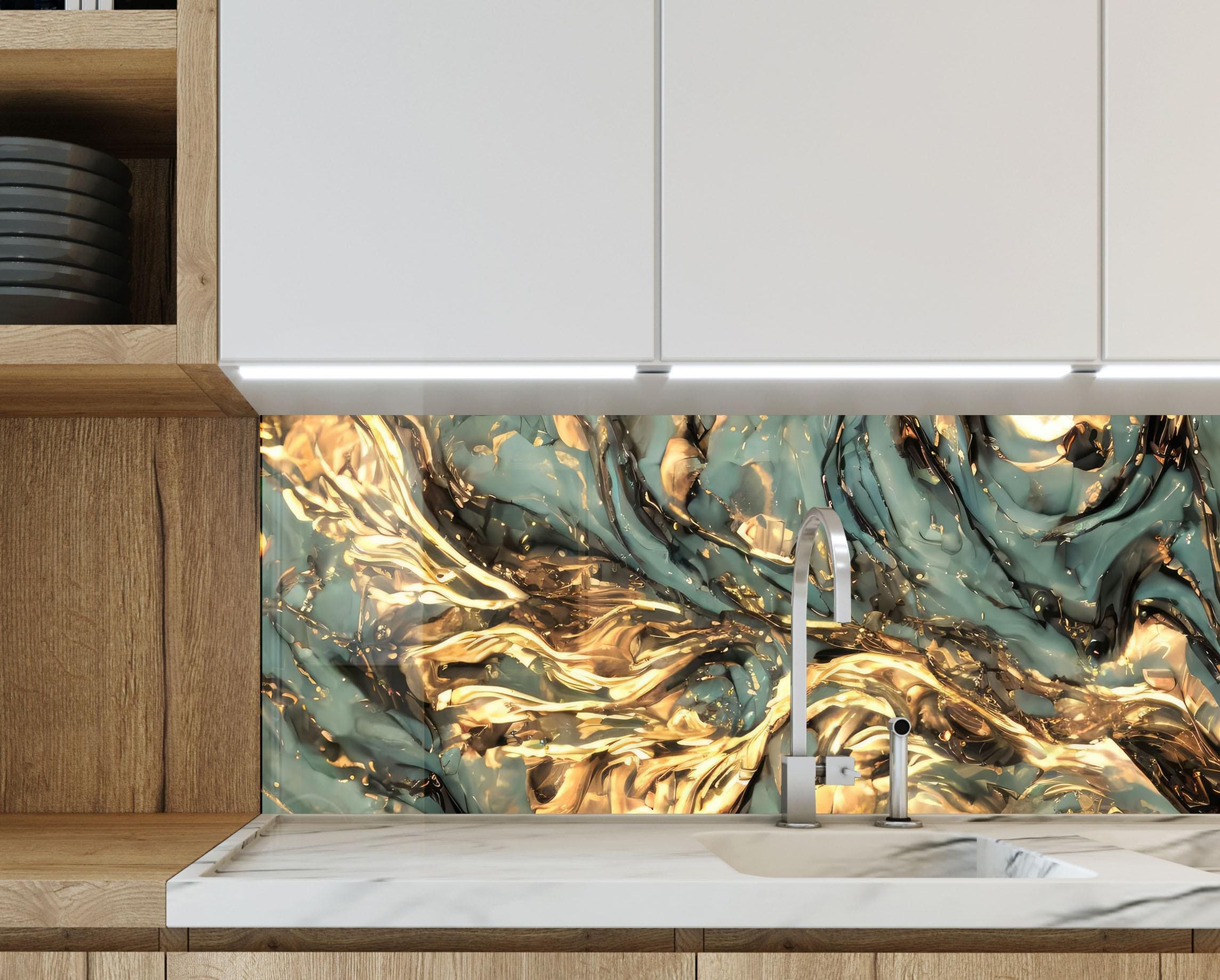 Luxury Abstract Marble Glass Kitchen Backsplash – Gold Teal Modern ...
