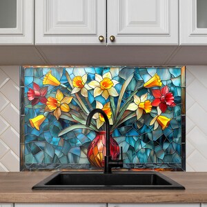 Floral tempered glass splashback for stove and countertop