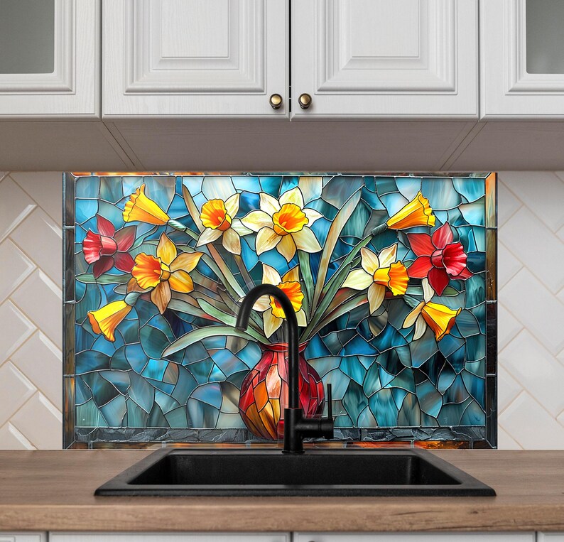 Floral tempered glass splashback for stove and countertop