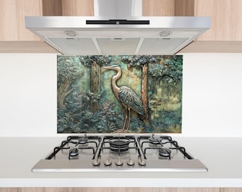 Blue Heron Backsplash – Tempered Glass Kitchen Wall Art for Kitchen or Bathroom