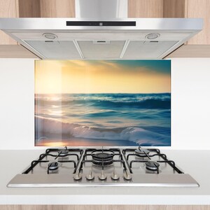 Panel de vidrio templado para salpicadero de cocina con diseño de puesta de sol sobre el océano
