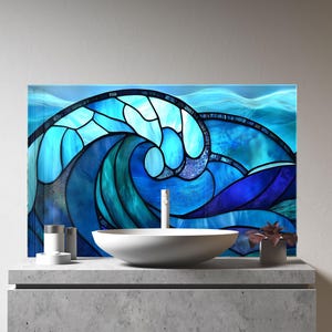 Blue Ocean Wave Stained Glass Backsplash – Tempered Glass Kitchen Panel for Kitchen & Bathroom