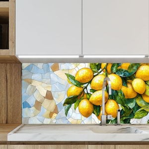 Lemon Glass Backsplash Panel, Tempered Glass Kitchen Splashback for Stove Wall, Citrus Mosaic Art, Farmhouse Decor, Easy Clean
