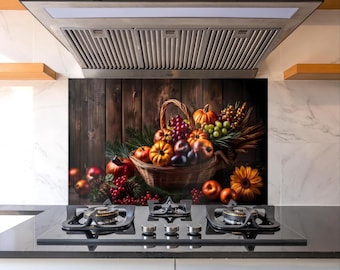 Rustic Fruit Basket Tempered Glass Kitchen Backsplash, Farmhouse Stove Splashback Wall Art, Heat Resistant Glass Panel Kitchen Decor