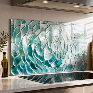 Op de afbeelding: Een rechthoekig glazen keukenachterwandpaneel met een wervelend, abstract bloemmotief in tinten blauwgroen, turquoise en wit. Het ontwerp bestaat uit overlappende, bloembladachtige vormen met gedefinieerde contouren voor een gestructureerd uiterlijk.
